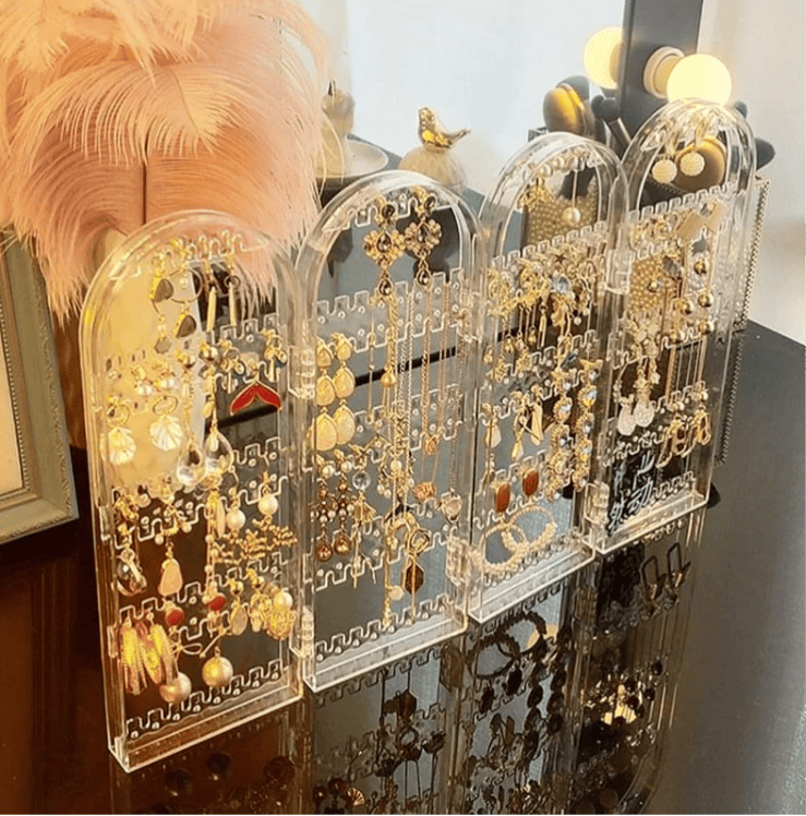 4 Door Acrylic Jewellery Rack, Transparent Foldable Screen Necklace Display Rack, Hanging Jewellery Organizer Double Sided, Earrings Organizer Stand Display 4 Door Acrylic Jewellery Rack, Transparent Foldable Screen Necklace Display Rack, Hanging Jewellery Organizer Double Sided, Earrings Organizer Stand Display